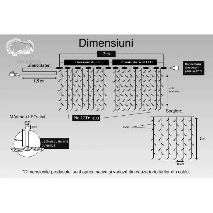 Instalatie Craciun Profesionala de Exterior IP65, Tip Perdea, 2m x 2m, 400 Led-uri Mari, Alb cald, cu flash, Alimentator 1,5 m, Interconectabila, Fir negru, Flippy [11]