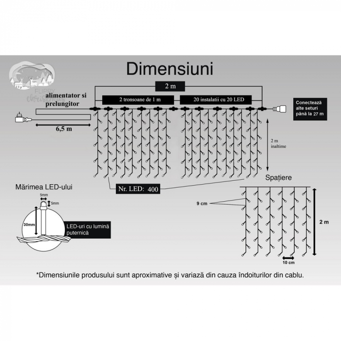 Instalatie Craciun Profesionala de Exterior IP65, Tip Perdea, 2m x 2m, 400 Led-uri Mari, Alb cald, cu flash, Alimentator si prelungitor 6,5 m, Interconectabila, Fir negru, Flippy [11]