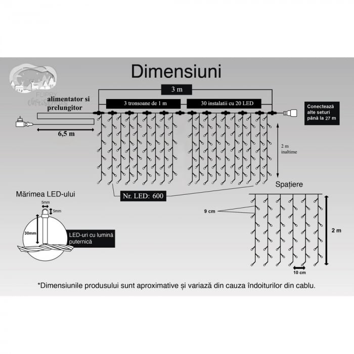 Instalatie Craciun Profesionala de Exterior IP65, Tip Perdea, 3m x 2m, 600 Led-uri Mari, Alb rece, cu flash, Alimentator si prelungitor 6,5 m, Interconectabila, Fir negru, Flippy [11]