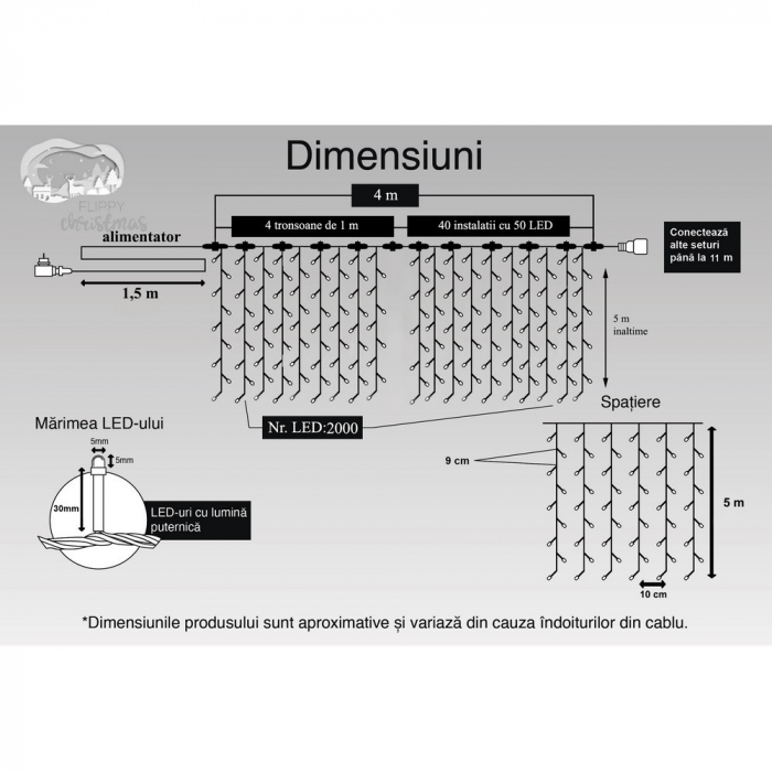 Instalatie Craciun Profesionala de Exterior IP65, Tip Perdea, 4m x 5m, 2000 Led-uri Mari, Alb rece, cu flash, Alimentator 1,5 m, Interconectabila, Fir negru, Flippy [11]