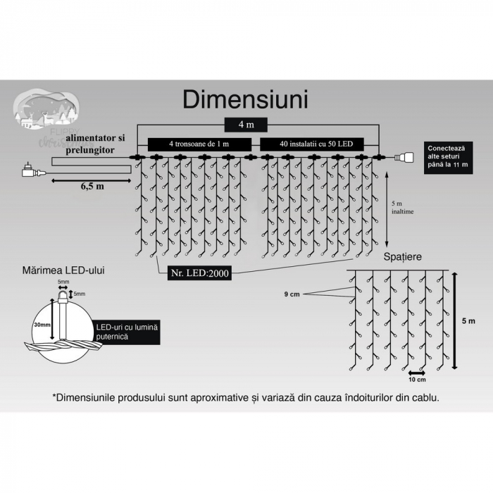 Instalatie Craciun Profesionala de Exterior IP65, Tip Perdea, 4m x 5m, 2000 Led-uri Mari, Alb rece, cu flash, Alimentator si prelungitor 6,5 m, Interconectabila, Fir negru, Flippy [11]