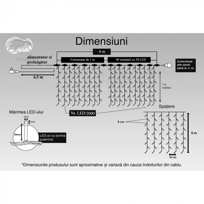 Instalatie Craciun Profesionala de Exterior IP65, Tip Perdea, 4m x 5m, 2000 Led-uri Mari, Alb rece, cu flash, Alimentator si prelungitor 6,5 m, Interconectabila, Fir negru, Flippy [6]