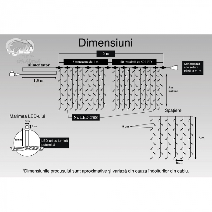 Instalatie Craciun Profesionala de Exterior IP65, Tip Perdea, 5m x 5m, 2500 Led-uri Mari, Alb rece, cu flash, Alimentator 1,5 m, Interconectabila, Fir negru, Flippy [11]