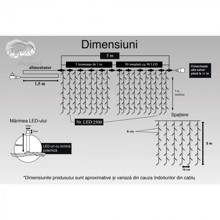 Instalatie Craciun Profesionala de Exterior IP65, Tip Perdea, 5m x 5m, 2500 Led-uri Mari, Alb rece, cu flash, Alimentator 1,5 m, Interconectabila, Fir negru, Flippy [6]