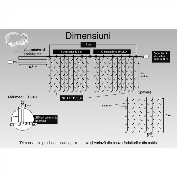 Instalatie Craciun Profesionala de Exterior IP65, Tip Perdea, 5m x 5m, 2500 Led-uri Mari, Alb rece, cu flash, Alimentator si prelungitor 6,5 m, Interconectabila, Fir negru, Flippy [11]