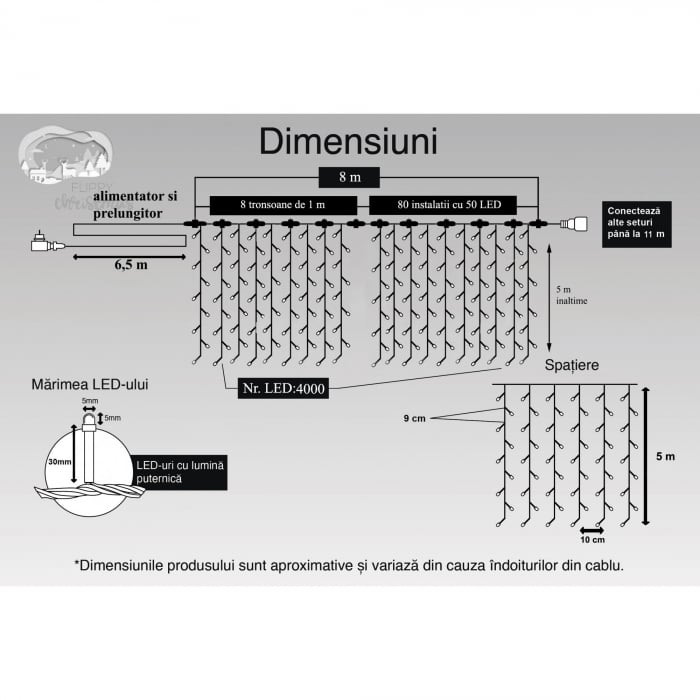 Instalatie Craciun Profesionala de Exterior IP65, Tip Perdea, 9m x 5m, 4500 Led-uri Mari, Alb cald, cu flash, Alimentator si prelungitor 6,5 m, Interconectabila, Fir negru, Flippy [6]