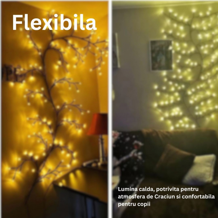 Instalatie Craciun tip Creanga Flippy, 144 LED-uri, Conectare la Retea, 8 Jocuri de Lumini, Telecomanda, 2.5 m, Prelungitor 2 m, 3V, 1.5V, Fir Negru, Alb Cald [8]