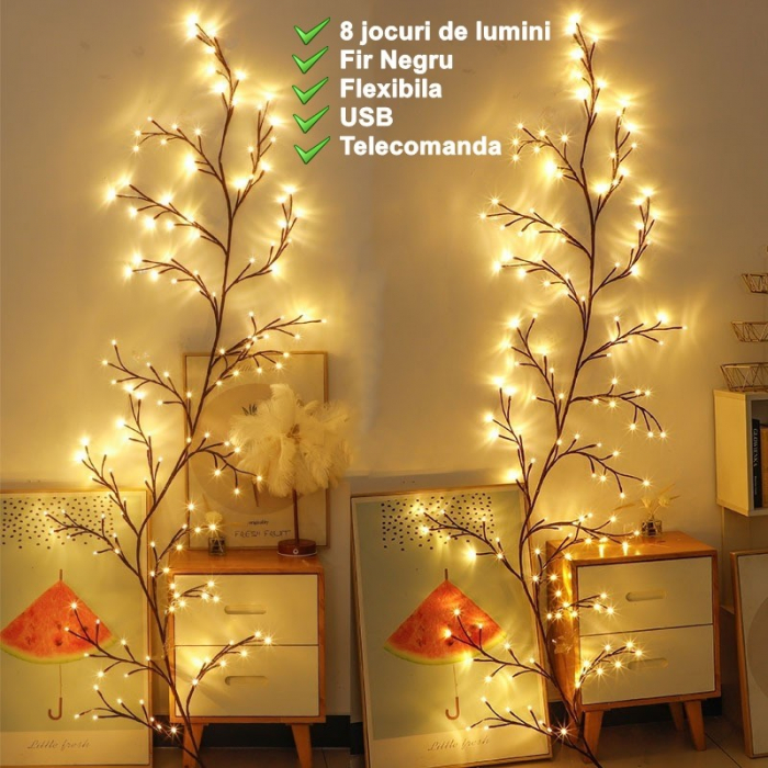 Instalatie Craciun tip Creanga Flippy, 144 LED-uri, Conectare USB, 8 Jocuri de Lumini, Telecomanda, 2.5 m, Prelungitor 2 m, 3V, Fir Negru, Alb Cald [8]