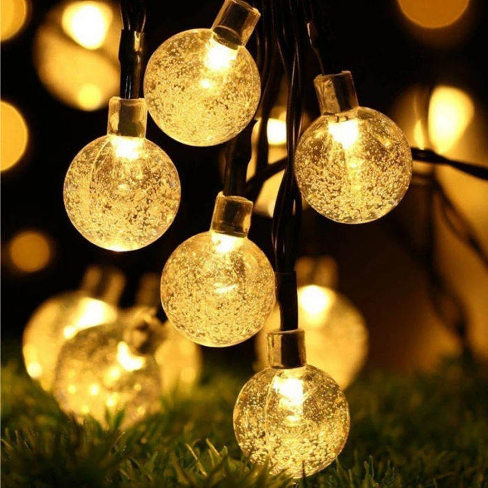Instalatie Craciun, Tip Globuri de cristal, 50 Led-uri, 9.5 metri, Alb cald, Energie solara, Senzor de lumina, Flippy [11]