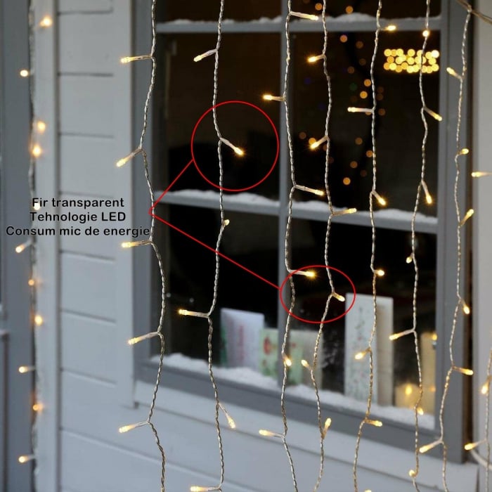 Instalatie Craciun, Tip Perdea, 1 m x 1 m, 60 LED-uri, Alb Cald, Controler, 8 jocuri de lumini, Interconectabila, Fir transparent, Interior/ Exterior, Flippy [4]