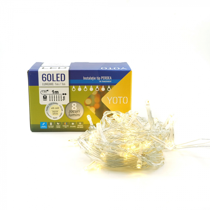 * LICHIDARE STOC * Instalatie Craciun, Tip Perdea, 1 m x 1 m, 60 LED-uri, Alb Cald, Controler, 8 jocuri de lumini, Interconectabila, Fir transparent, Interior/ Exterior, Flippy - [2]