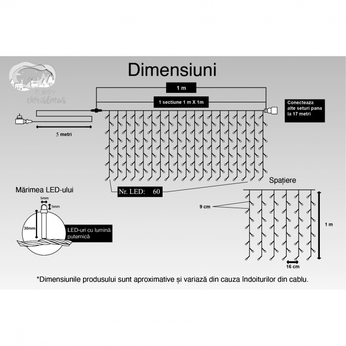 Instalatie Craciun, Tip Perdea, 1 m x 1 m, 60 LED-uri, Alb cald, IP44, 31V, telecomanda, 8 jocuri de lumini, Interconectabila, Prelungitor 5 m inclus, Fir transparent, Interior/ Exterior, Flippy [6]