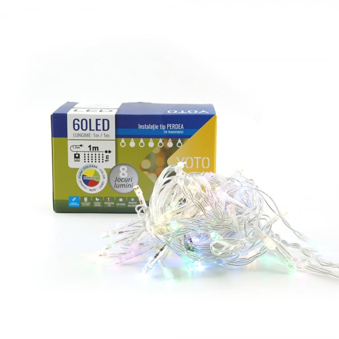 Lichidare Instalatie Craciun, Tip Perdea, 1 m x 1 m, 60 LED-uri, Multicolor, Controler, 8 jocuri de lumini, Interconectabila, Fir transparent, Interior/ Exterior, Yoto [2]