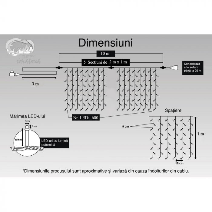 Instalatie Craciun, Tip Perdea, IP44, 10 m x 1 m, 600 LED-uri, Albastru, 8 jocuri de lumini, Transformator cu telecomanda, Interconectabila, Prelungitor 3 m inclus, Fir transparent, Interior/ Exterior [11]
