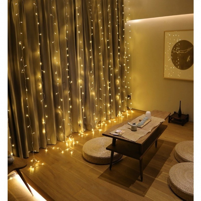 Instalatie Craciun, Tip Perdea, IP44, 10 m x 2 m, 1200 LED-uri, Alb cald, 8 jocuri de lumini, Transformator cu telecomanda, Interconectabila, Prelungitor 3 m inclus, Fir transparent, Interior/ Exterio [3]