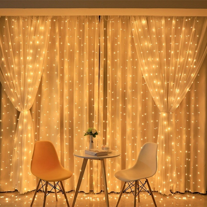 Instalatie Craciun, Tip Perdea, IP44, 10 m x 2 m, 1200 LED-uri, Alb cald, 8 jocuri de lumini, Transformator, Interconectabila, Prelungitor 5 m inclus, Fir transparent, Interior/ Exterior, Flippy [2]