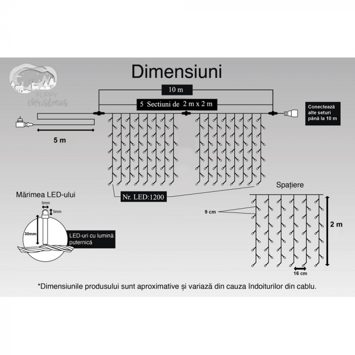 Instalatie Craciun, Tip Perdea, IP44, 10 m x 2 m, 1200 LED-uri, Alb rece, cu flash, Transformator cu telecomanda, Interconectabila, Prelungitor 5 m inclus, Fir transparent, Interior/ Exterior, Flippy [11]
