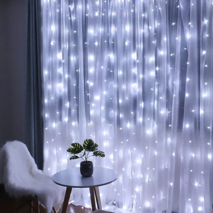 Instalatie Craciun, Tip Perdea, IP44, 10 m x 2 m, 1200 LED-uri, Alb rece, cu flash, Transformator cu telecomanda, Interconectabila, Prelungitor 5 m inclus, Fir transparent, Interior/ Exterior, Flippy [8]