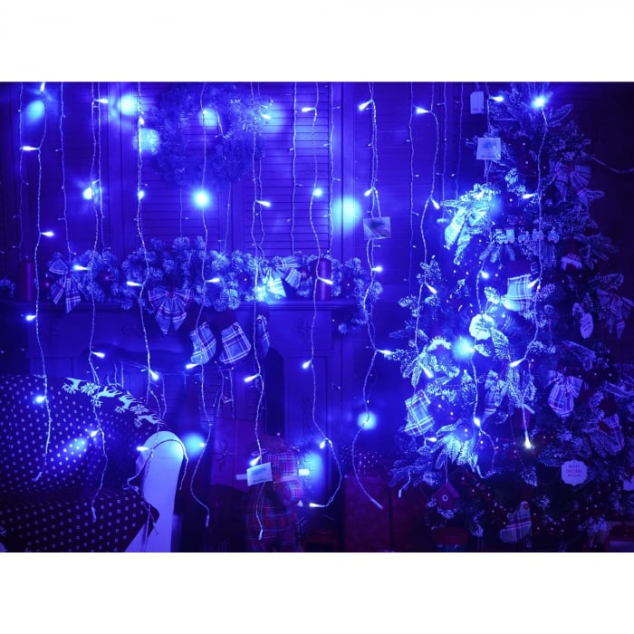 Instalatie Craciun, Tip Perdea, IP44, 12 m x 1 m, 720 LED-uri, Albastru, cu flash, Transformator, Interconectabila, Prelungitor 5 m inclus, Fir transparent, Interior/ Exterior, Flippy [2]