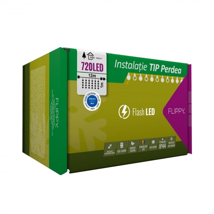 Instalatie Craciun, Tip Perdea, IP44, 12 m x 1 m, 720 LED-uri, Albastru, cu flash, Transformator, Interconectabila, Prelungitor 5 m inclus, Fir transparent, Interior/ Exterior, Flippy [1]