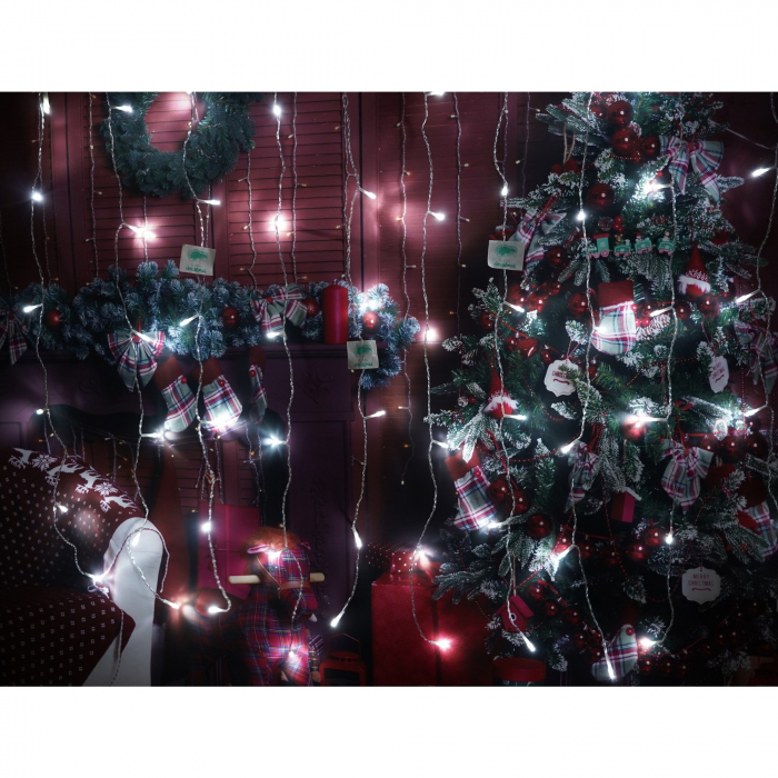 Instalatie Craciun, Tip Perdea, IP44, 13 m x 1 m, 780 LED-uri, Alb rece, 8 jocuri de lumini, Transformator, Interconectabila, Prelungitor 3 m inclus, Fir transparent, Interior/ Exterior, Flippy [5]