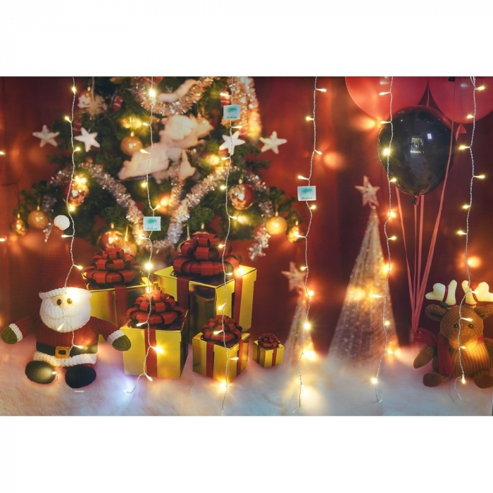 Instalatie Craciun, Tip Perdea, IP44, 15 m x 1 m, 900 LED-uri, Alb cald, cu flash, Transformator, Interconectabila, Prelungitor 3 m inclus, Fir transparent, Interior/ Exterior, Flippy [10]