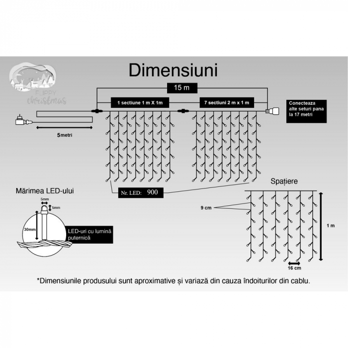 Instalatie Craciun, Tip Perdea, IP44, 15 m x 1 m, 900 LED-uri, Alb rece, cu flash, Transformator cu telecomanda, Interconectabila, Prelungitor 5 m inclus, Fir transparent, Interior/ Exterior, Flippy [11]