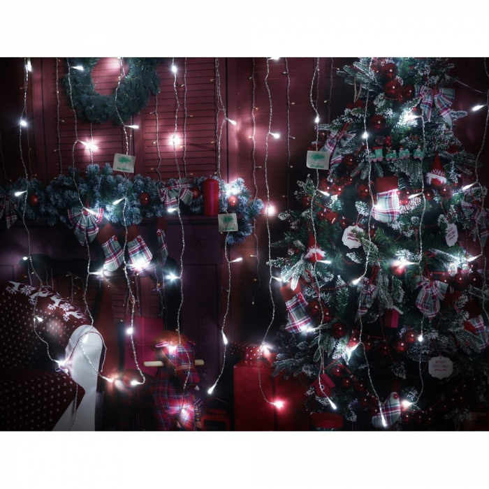 Instalatie Craciun, Tip Perdea, IP44, 16 m x 1 m, 960 LED-uri, Alb rece, 8 jocuri de lumini, Transformator, Interconectabila, Prelungitor 5 m inclus, Fir transparent, Interior/ Exterior, Flippy [10]
