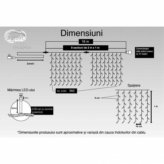 Instalatie Craciun, Tip Perdea, IP44, 16 m x 1 m, 960 LED-uri, Alb rece, cu flash, Transformator, Interconectabila, Prelungitor 3 m inclus, Fir transparent, Interior/ Exterior, Flippy [6]