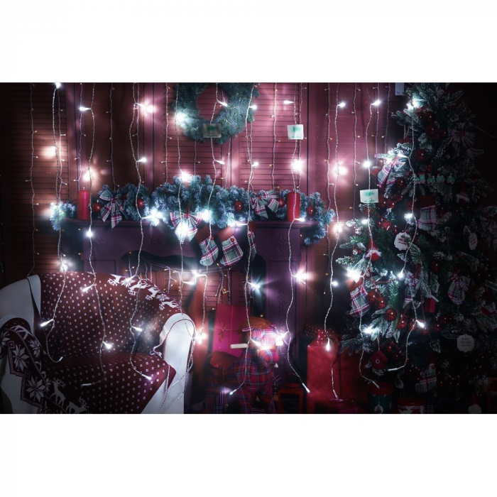 Instalatie Craciun, Tip Perdea, IP44, 16 m x 1 m, 960 LED-uri, Alb rece, cu flash, Transformator, Interconectabila, Prelungitor 3 m inclus, Fir transparent, Interior/ Exterior, Flippy [10]