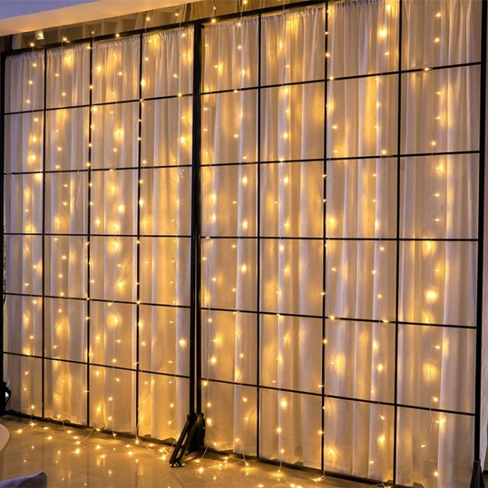 Instalatie Craciun, Tip Perdea, IP44, 17 m x 1 m, 1020 LED-uri, Alb cald, cu flash, Transformator cu telecomanda, Interconectabila, Prelungitor 3 m inclus, Fir transparent, Interior/ Exterior, Flippy [2]