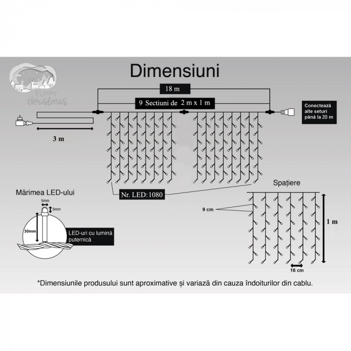 Instalatie Craciun, Tip Perdea, IP44, 18 m x 1 m, 1080 LED-uri, Albastru, 8 jocuri de lumini, Transformator cu telecomanda, Interconectabila, Prelungitor 3 m inclus, Fir transparent, Interior/ Exterio [11]