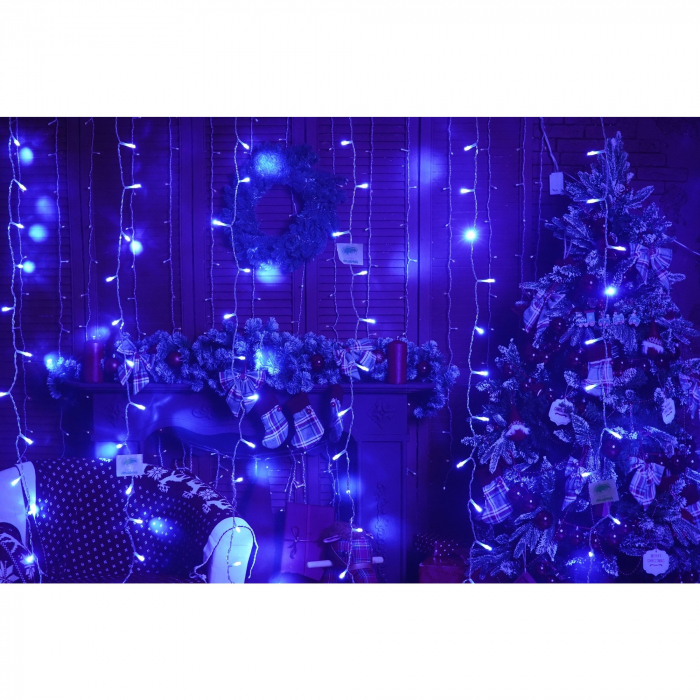Instalatie Craciun, Tip Perdea, IP44, 18 m x 1 m, 1080 LED-uri, Albastru, 8 jocuri de lumini, Transformator, Interconectabila, Prelungitor 5 m inclus, Fir transparent, Interior/ Exterior, Flippy [2]