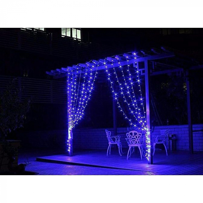 Instalatie Craciun, Tip Perdea, IP44, 18 m x 1 m, 1080 LED-uri, Albastru, 8 jocuri de lumini, Transformator, Interconectabila, Prelungitor 5 m inclus, Fir transparent, Interior/ Exterior, Flippy [10]