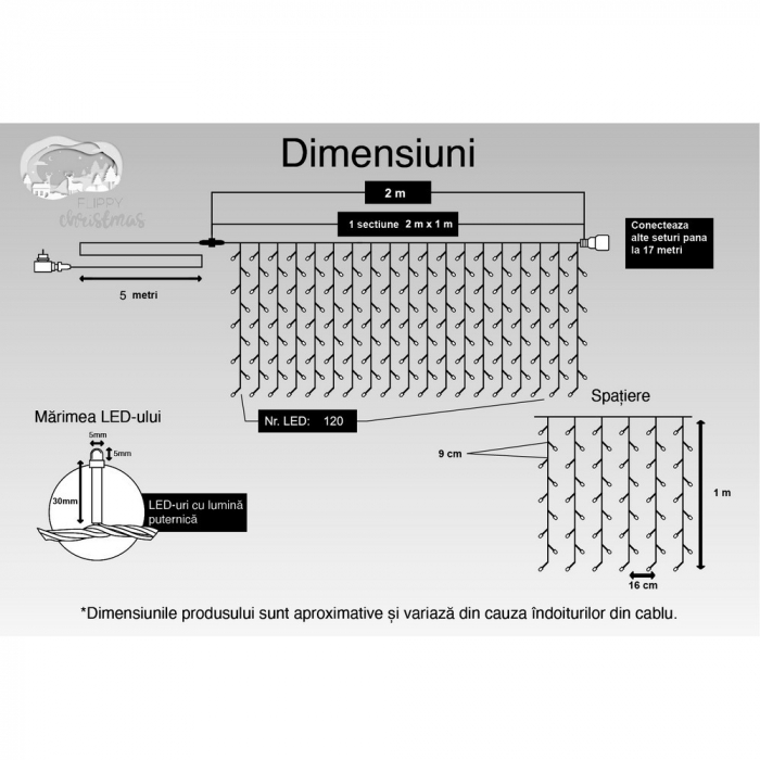 Instalatie Craciun, Tip Perdea, IP44, 2 m x 1 m, 120 LED-uri, Alb cald, cu flash, Transformator, Interconectabila, Prelungitor 5 m inclus, Fir transparent, Interior/ Exterior, Flippy [11]