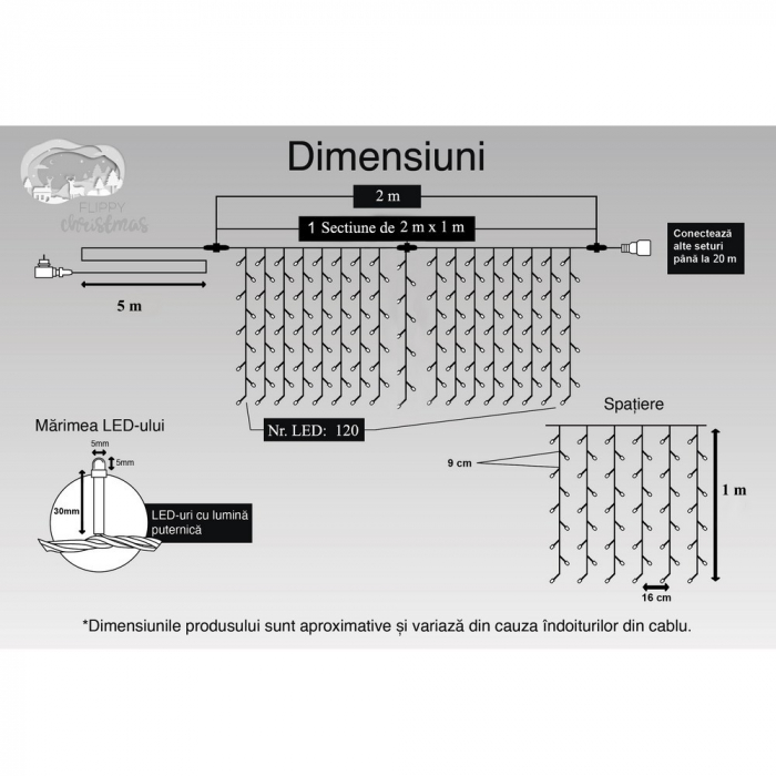 Instalatie Craciun, Tip Perdea, IP44, 2 m x 1 m, 120 LED-uri, Albastru, 8 jocuri de lumini, Transformator cu telecomanda, Interconectabila, Prelungitor 5 m inclus, Fir transparent, Interior/ Exterior, [11]