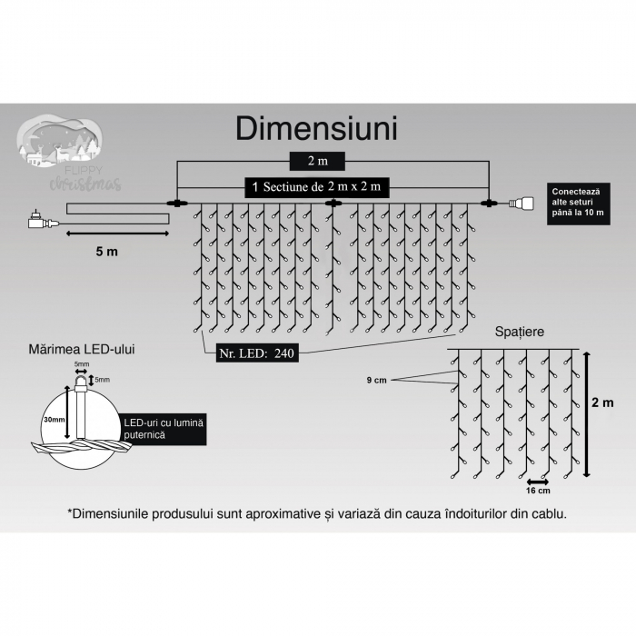 Instalatie Craciun, Tip Perdea, IP44, 2 m x 2 m, 240 LED-uri, Alb rece, 8 jocuri de lumini, Transformator cu telecomanda, Interconectabila, Prelungitor 5 m inclus, Fir transparent, Interior/ Exterior, [6]
