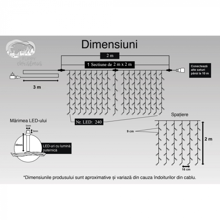 Instalatie Craciun, Tip Perdea, IP44, 2 m x 2 m, 240 LED-uri, Alb rece, cu flash, Transformator cu telecomanda, Interconectabila, Prelungitor 3 m inclus, Fir transparent, Interior/ Exterior, Flippy [11]