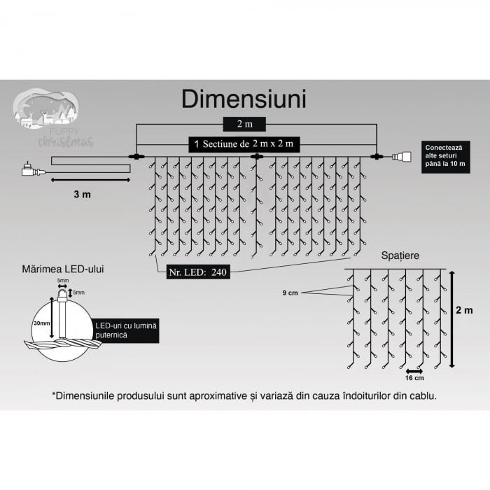 Instalatie Craciun, Tip Perdea, IP44, 2 m x 2 m, 240 LED-uri, Alb rece, cu flash, Transformator cu telecomanda, Interconectabila, Prelungitor 3 m inclus, Fir transparent, Interior/ Exterior, Flippy [6]