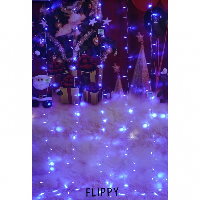 Instalatie Craciun, Tip Perdea, IP44, 2 m x 2 m, 240 LED-uri, Albastru, cu flash, Transformator cu telecomanda, Interconectabila, Prelungitor 3 m inclus, Fir transparent, Interior/ Exterior, Flippy [5]