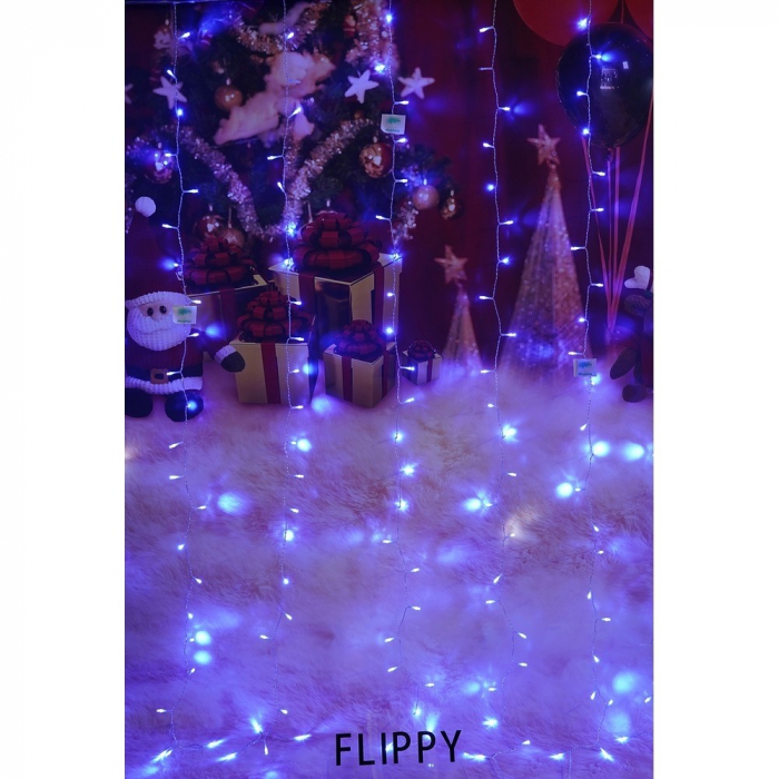 Instalatie Craciun, Tip Perdea, IP44, 2 m x 2 m, 240 LED-uri, Albastru, cu flash, Transformator cu telecomanda, Interconectabila, Prelungitor 3 m inclus, Fir transparent, Interior/ Exterior, Flippy [10]