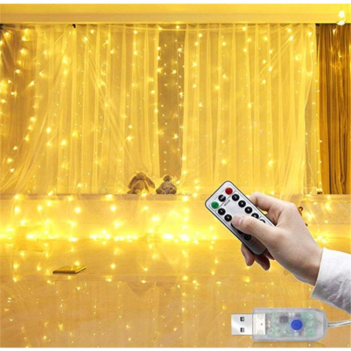 Instalatie Craciun, Tip Perdea IP44, 3m x 3m, 300 Led-uri, Alb cald, USB si telecomanda cu 8 functii, Flippy [4]