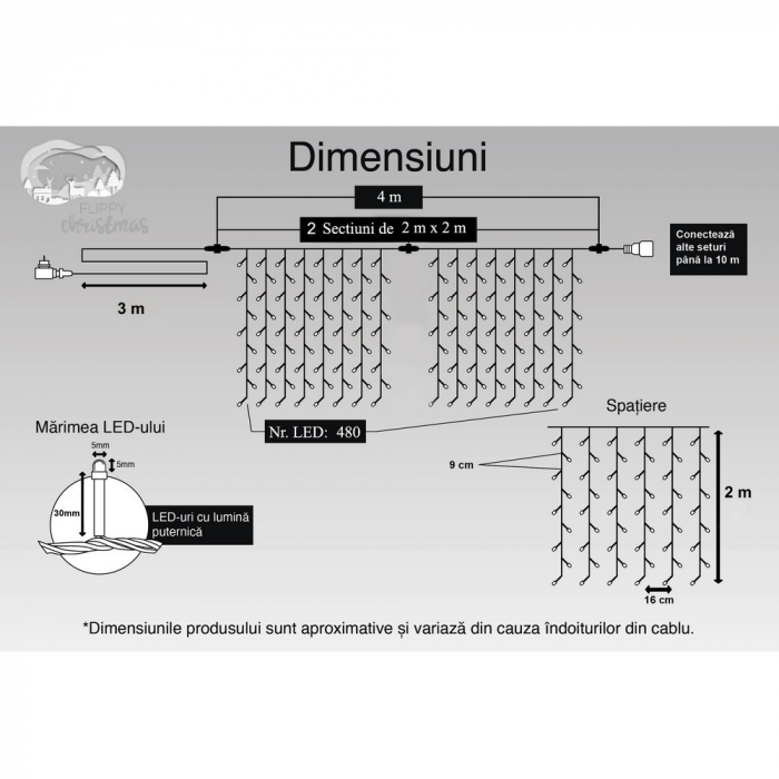 Instalatie Craciun, Tip Perdea, IP44, 4 m x 2 m, 480 LED-uri, Alb rece, cu flash, Transformator cu telecomanda, Interconectabila, Prelungitor 3 m inclus, Fir transparent, Interior/ Exterior, Flippy [11]