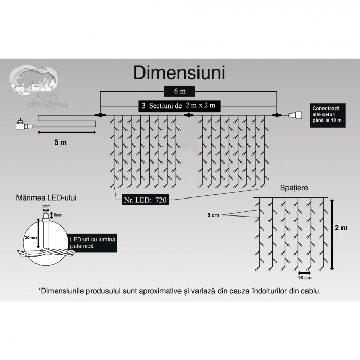 Instalatie Craciun, Tip Perdea, IP44, 6 m x 2 m, 720 LED-uri, Alb rece, cu flash, Transformator cu telecomanda, Interconectabila, Prelungitor 5 m inclus, Fir transparent, Interior/ Exterior, Flippy [6]