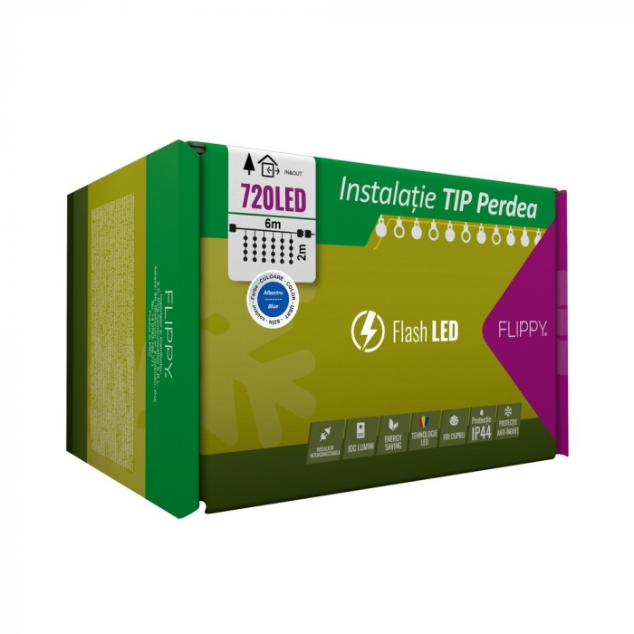 Instalatie Craciun, Tip Perdea, IP44, 6 m x 2 m, 720 LED-uri, Albastru, cu flash, Transformator, Interconectabila, Prelungitor 5 m inclus, Fir transparent, Interior/ Exterior, Flippy [1]