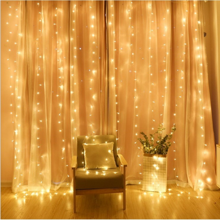 Instalatie Craciun, Tip Perdea, IP44, 8 m x 2 m, 960 LED-uri, Alb cald, cu flash, Transformator cu telecomanda, Interconectabila, Prelungitor 3 m inclus, Fir transparent, Interior/ Exterior, Flippy [2]