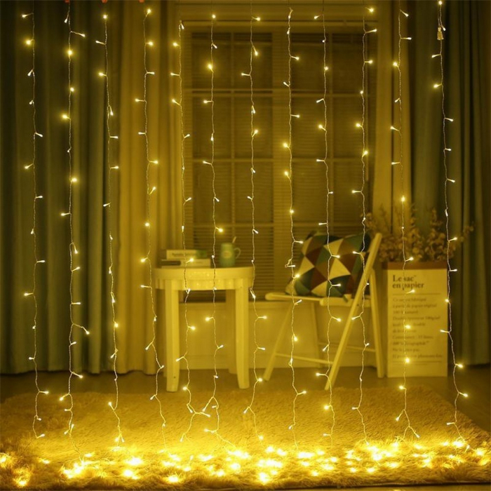 Instalatie Craciun, Tip Perdea, IP44, 8 m x 2 m, 960 LED-uri, Alb cald, cu flash, Transformator cu telecomanda, Interconectabila, Prelungitor 3 m inclus, Fir transparent, Interior/ Exterior, Flippy [9]