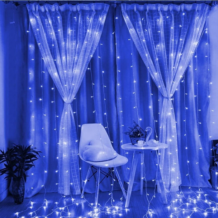 Instalatie Craciun, Tip Perdea, IP44, 8 m x 2 m, 960 LED-uri, Albastru, cu flash, Transformator cu telecomanda, Interconectabila, Prelungitor 3 m inclus, Fir transparent, Interior/ Exterior, Flippy [2]