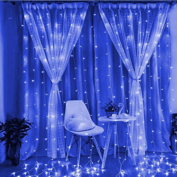Instalatie Craciun, Tip Perdea, IP44, 8 m x 2 m, 960 LED-uri, Albastru, cu flash, Transformator cu telecomanda, Interconectabila, Prelungitor 5 m inclus, Fir transparent, Interior/ Exterior, Flippy [7]