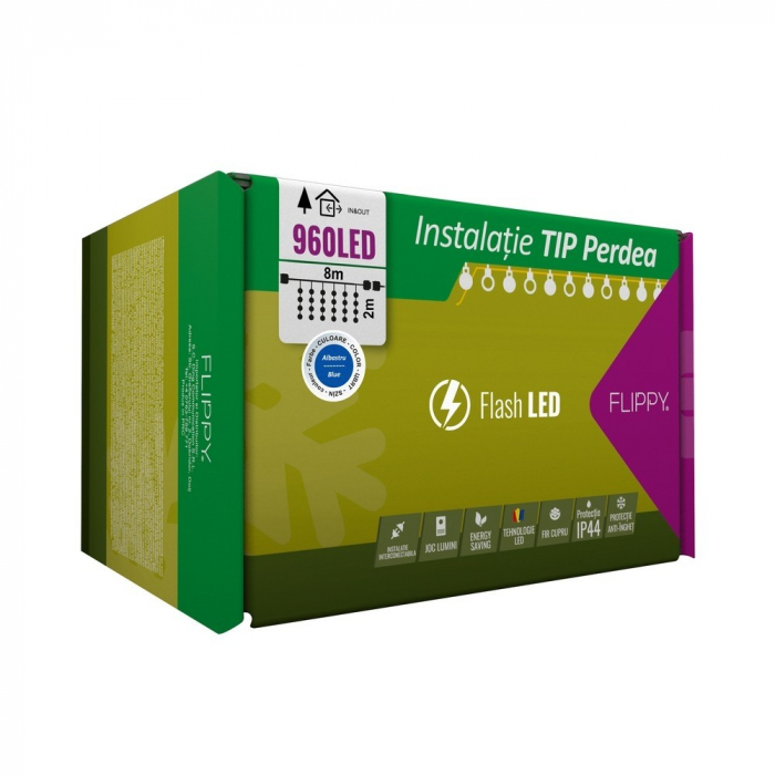 Instalatie Craciun, Tip Perdea, IP44, 8 m x 2 m, 960 LED-uri, Albastru, cu flash, Transformator cu telecomanda, Interconectabila, Prelungitor 5 m inclus, Fir transparent, Interior/ Exterior, Flippy [1]